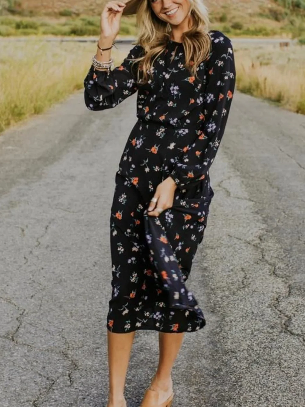 NWT ROOLEE women’s navy floral print long sleeve midi dress size SMALL - Picture 1 of 7